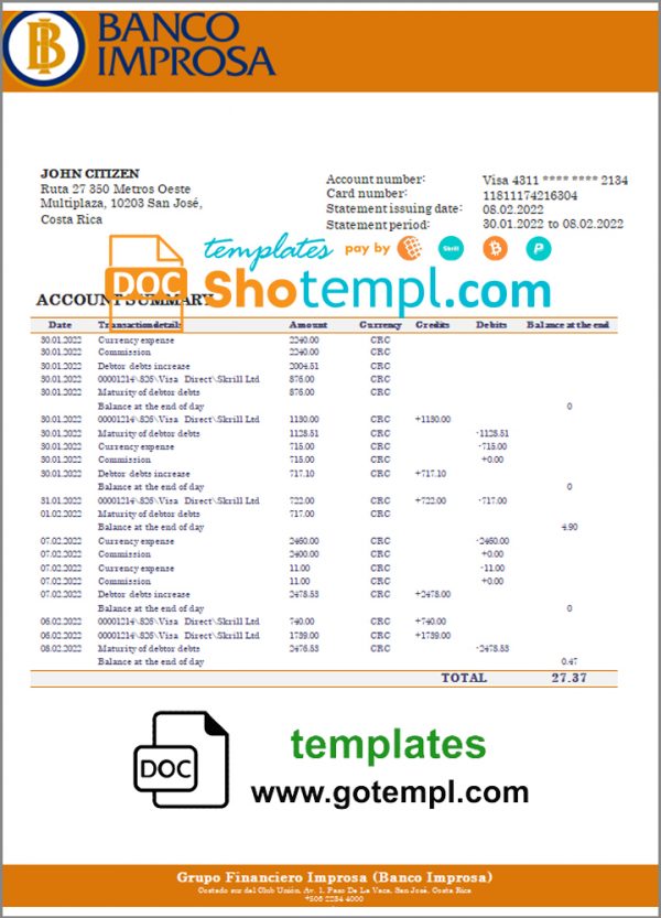 Costa Rica Banco Improsa bank statement template in Word and PDF format