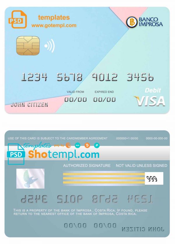 Costa Rica Improsa bank visa credit card template in PSD format, fully editable