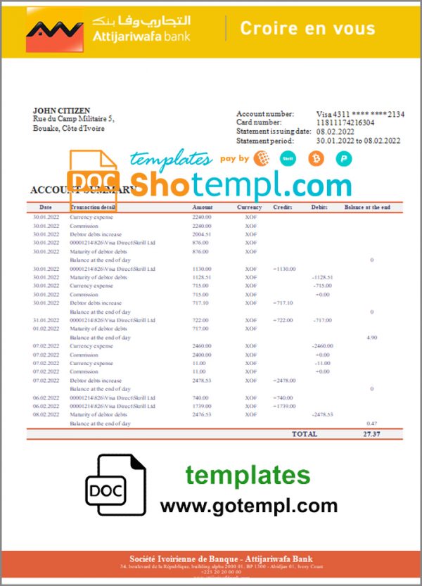 Cote d'Ivoire Attijariwafa bank statement template in Word and PDF format