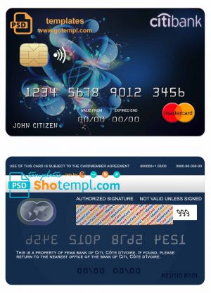Côte d'Ivoire Citi bank mastercard credit card template in PSD format, fully editable