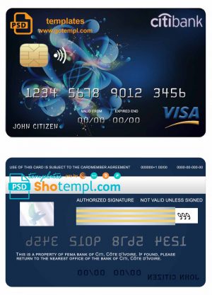 Côte d'Ivoire Citi bank visa credit card template in PSD format, fully editable