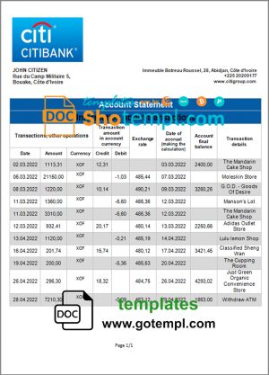 Cote d'Ivoire Citibank bank statement template in Word and PDF format