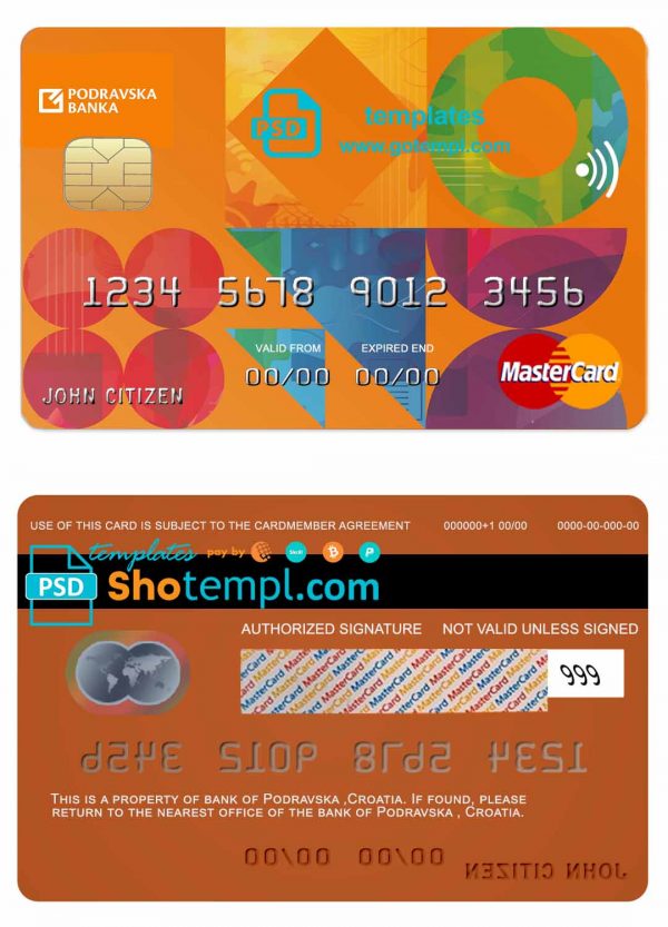 Croatia Podravska bank mastercard credit card template in PSD format, fully editable