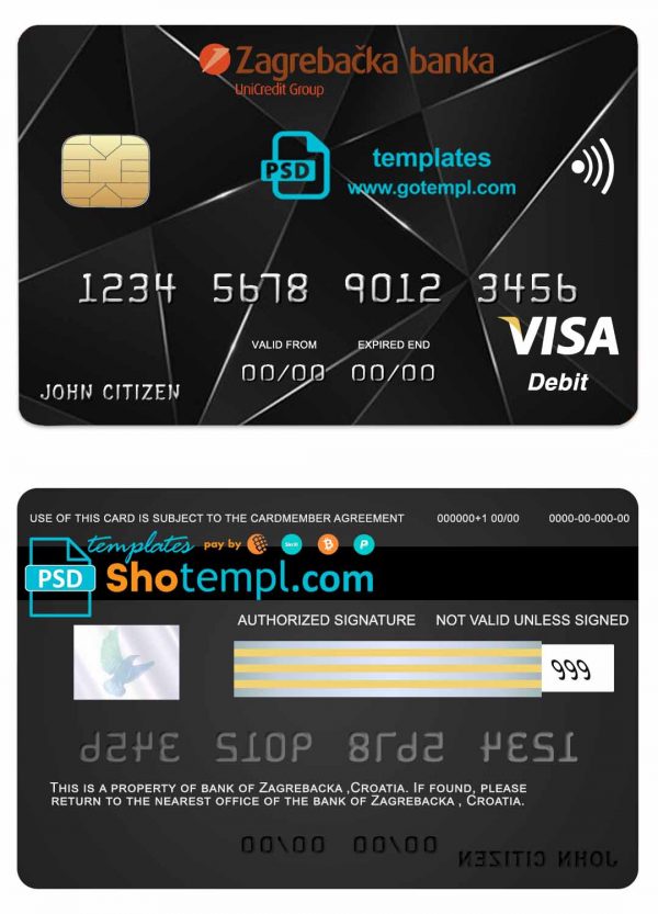 Croatia Zagrebacka bank visa credit card template in PSD format, fully editable