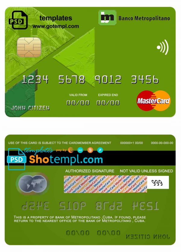 Cuba Metropolitan bank mastercard credit card template in PSD format, fully editable