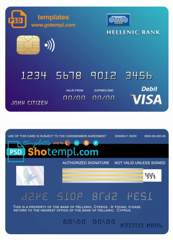 Cyprus Hellenic bank visa credit card template in PSD format, fully editable