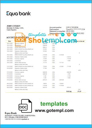 Czechia Equabank bank statement template in Word and PDF format