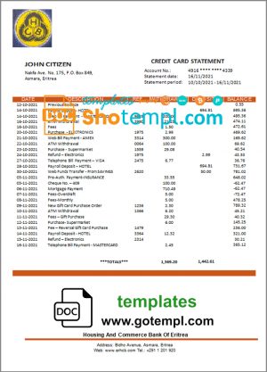 Eritrea Housing and Commerce bank statement template in Word and PDF format
