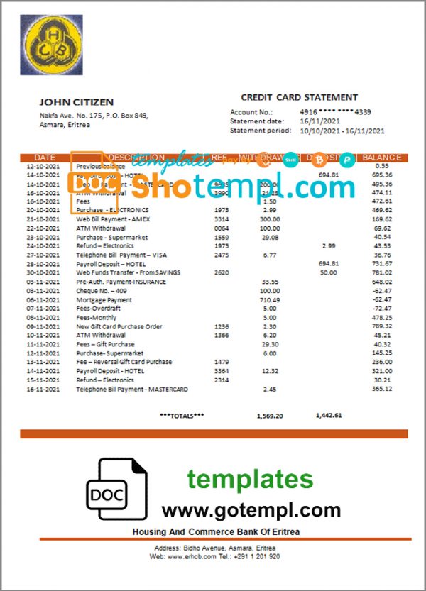 Eritrea Housing and Commerce bank statement template in Word and PDF format