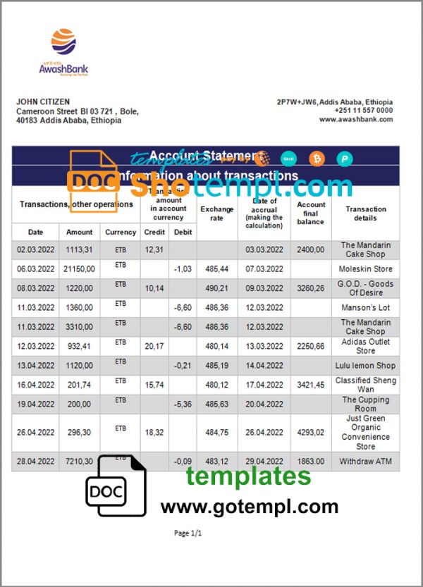 Ethiopia Awash proof of address bank statement template in Word and PDF format