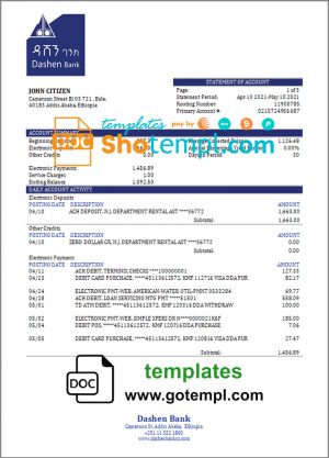 Ethiopia Dashen proof of address bank statement template in Word and PDF format