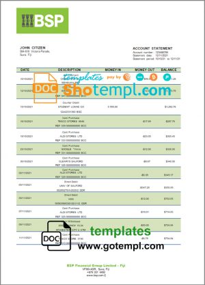 Fiji Bank of South Pacific bank statement template in Word and PDF format