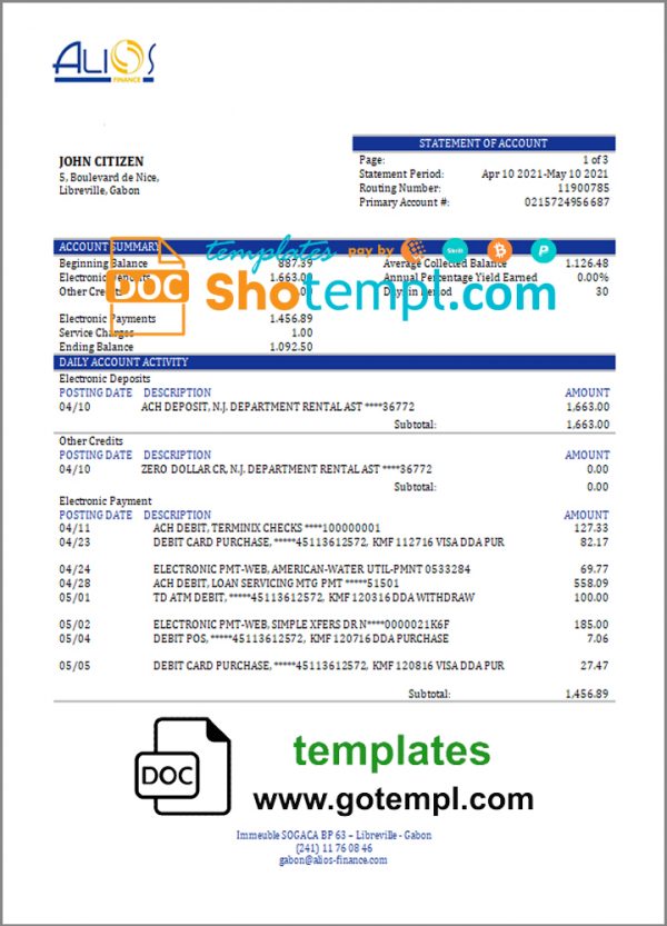 Gabon Alios Finance bank statement template in Word and PDF format