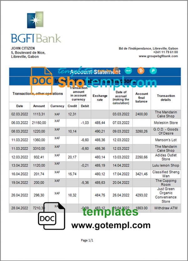 Gabon BGFI bank statement template in Word and PDF format