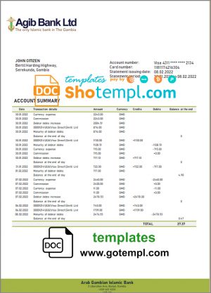 Gambia Arab Gambian Islamic bank statement template in Word and PDF format
