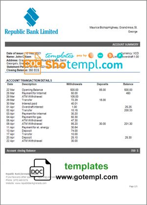 Grenada Republic bank statement template in Word and PDF format