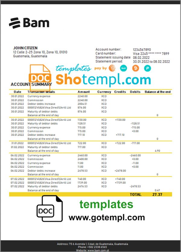Guatemala Agromercantil proof of address bank statement template in Word and PDF format (.doc and .pdf)