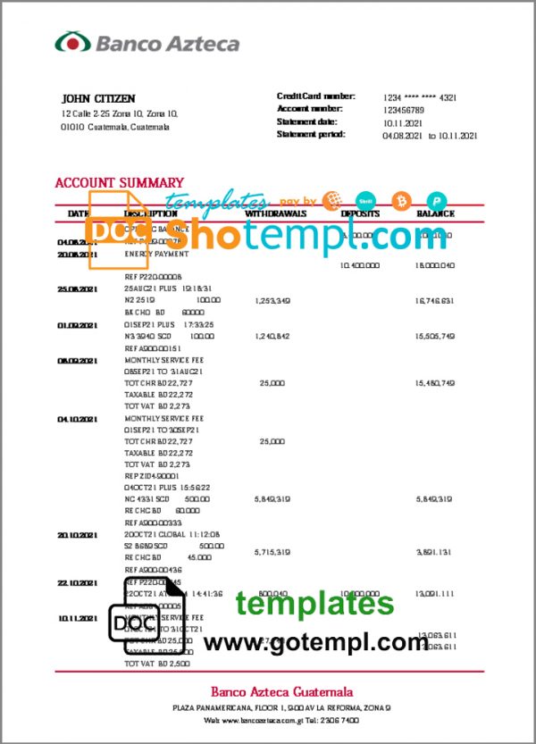 Guatemala Azteca proof of address bank statement template in Word and PDF format (.doc and