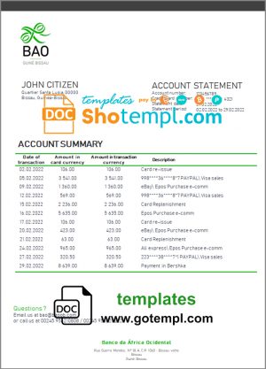 Guinea-Bissau Banco da Africa Ocidental proof of address bank statement template in Word and PDF format