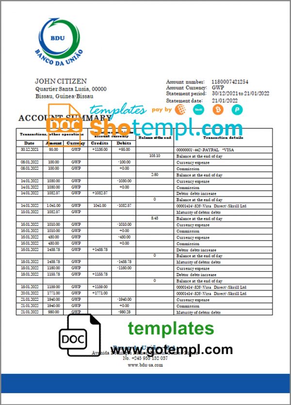 Guinea-Bissau Banco da Uniao proof of address bank statement template in Word and PDF format