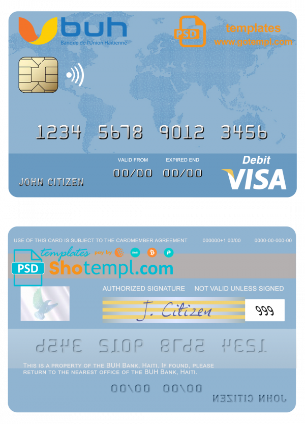 Haiti BUH Bank visa card template in PSD format, fully editable