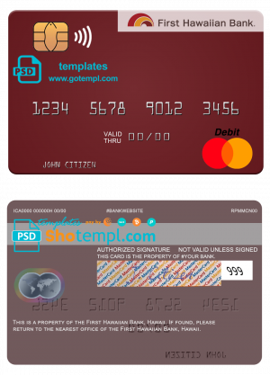 Hawaii First Hawaiian Bank mastercard template in PSD format, fully editable