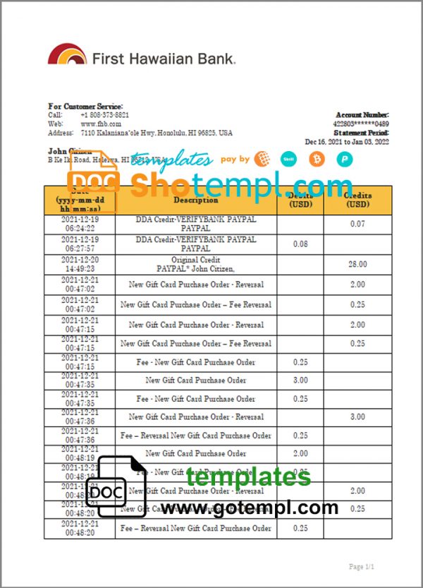 Hawaii First Hawaiian Bank statement bank statement template in Word and PDF format
