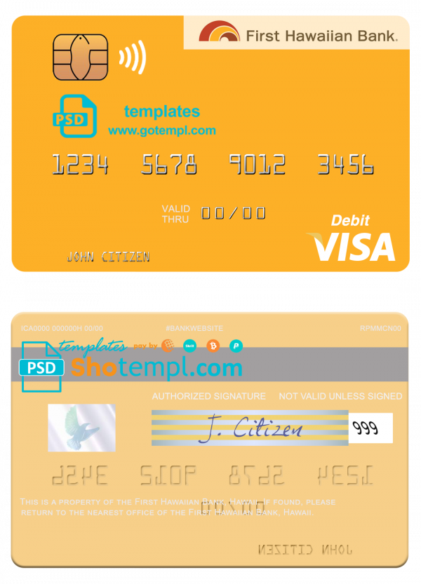 Hawaii First Hawaiian Bank visa card template in PSD format, fully editable