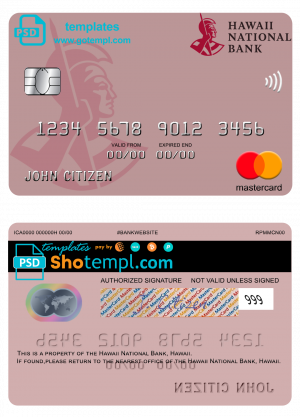 Hawaii National Bank mastercard template in PSD format, fully editable