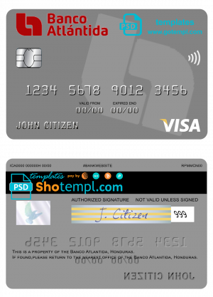 Honduras Banco Atlantida visa card template in PSD format, fully editable