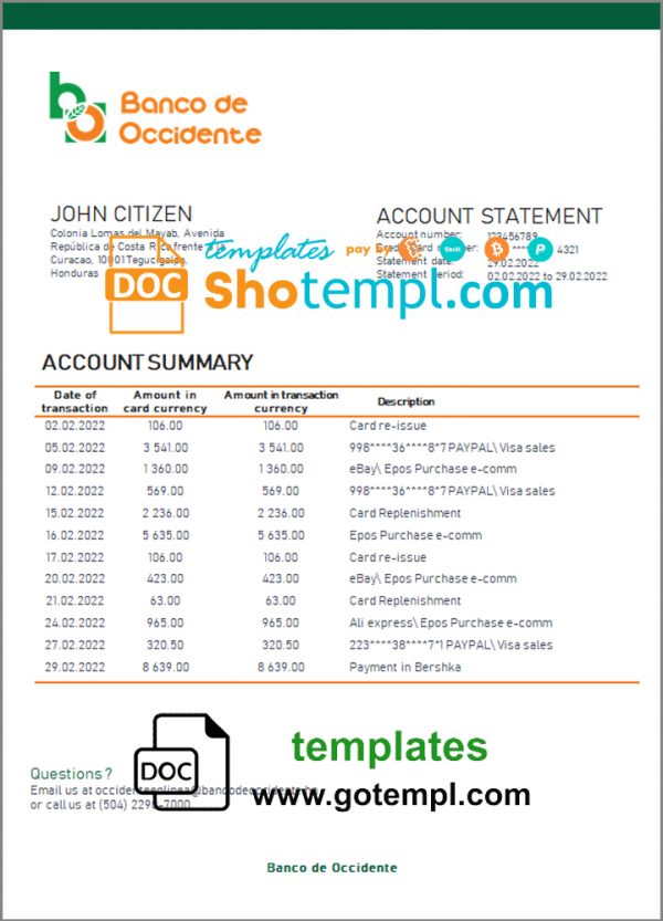 Honduras Banco de Occidente Bank statement template in Word and PDF format