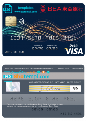 Hong Kong Bank of East Asia visa card template in PSD format, fully editable