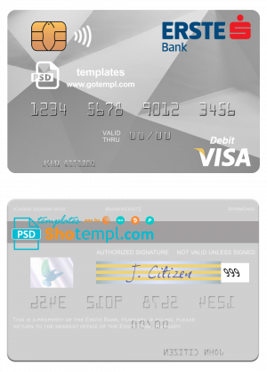 Hungary Erste Bank visa card template in PSD format, fully editable