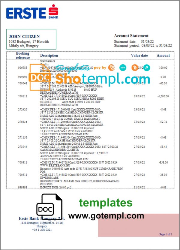 Hungary Erste Bank statement template in Word and PDF format