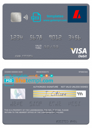 Iceland Landsbankinn visa card template in PSD format, fully editable