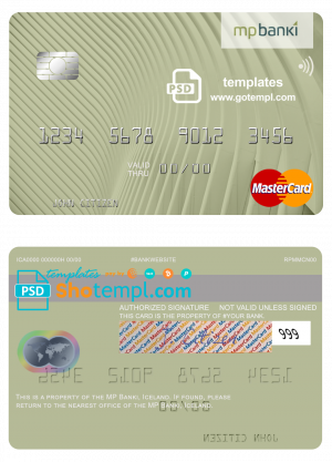 Iceland MP Banki mastercard template in PSD format, fully editable