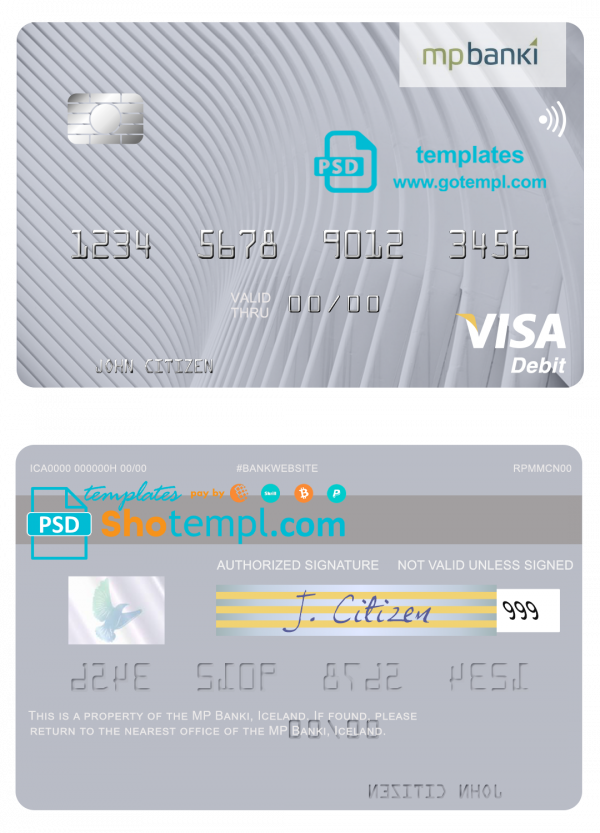 Iceland MP Banki visa card template in PSD format, fully editable