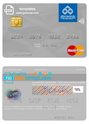 India Indian Overseas Bank mastercard template in PSD format, fully editable