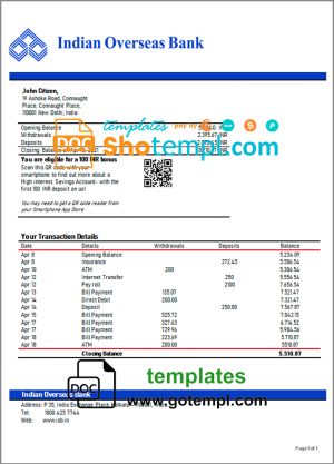 India Indian Overseas Bank statement template in Word and PDF format