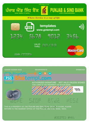 India Punjab and Sind Bank mastercard template in PSD format, fully editable