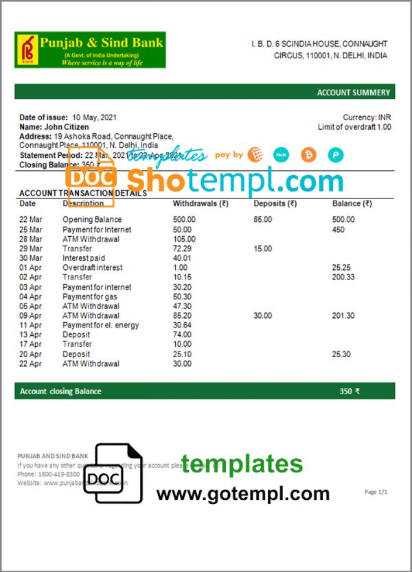 India Punjab and Sind Bank statement template in Word and PDF format