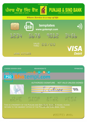 India Punjab and Sind Bank visa card template in PSD format, fully editable