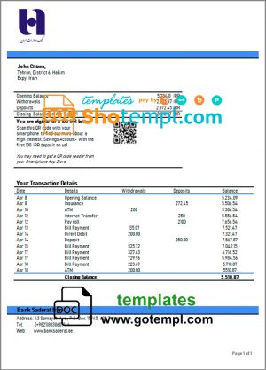 Iran Bank Sederet Iran proof of address bank statement template in Word and PDF format
