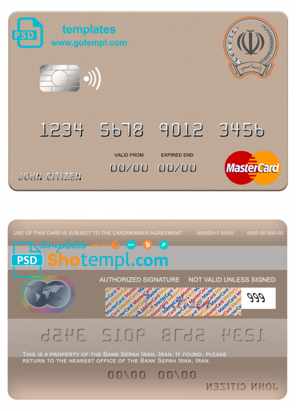 Iran Sepah bank mastercard template in PSD format, fully editable