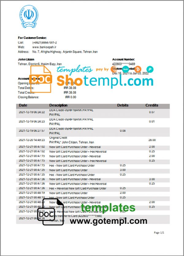 Iran Bank Sepah proof of address bank statement template in Word and PDF format