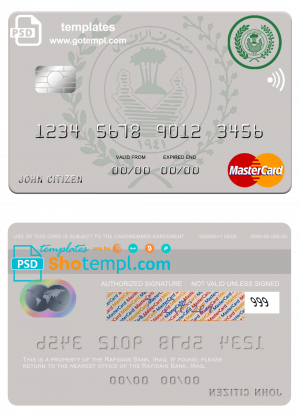 Iraq Rafidain bank mastercard card template in PSD format, version 2