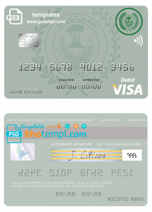 Iraq Rafidain bank visa debit card template in PSD format, fully editable