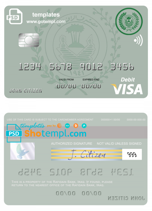Iraq Rafidain bank visa debit card template in PSD format, fully editable