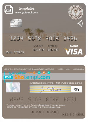 Iraq Rasheed Bank visa card template in PSD format, fully editable