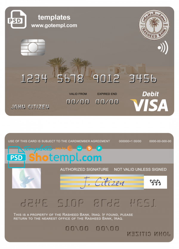 Iraq Rasheed Bank visa card template in PSD format, fully editable